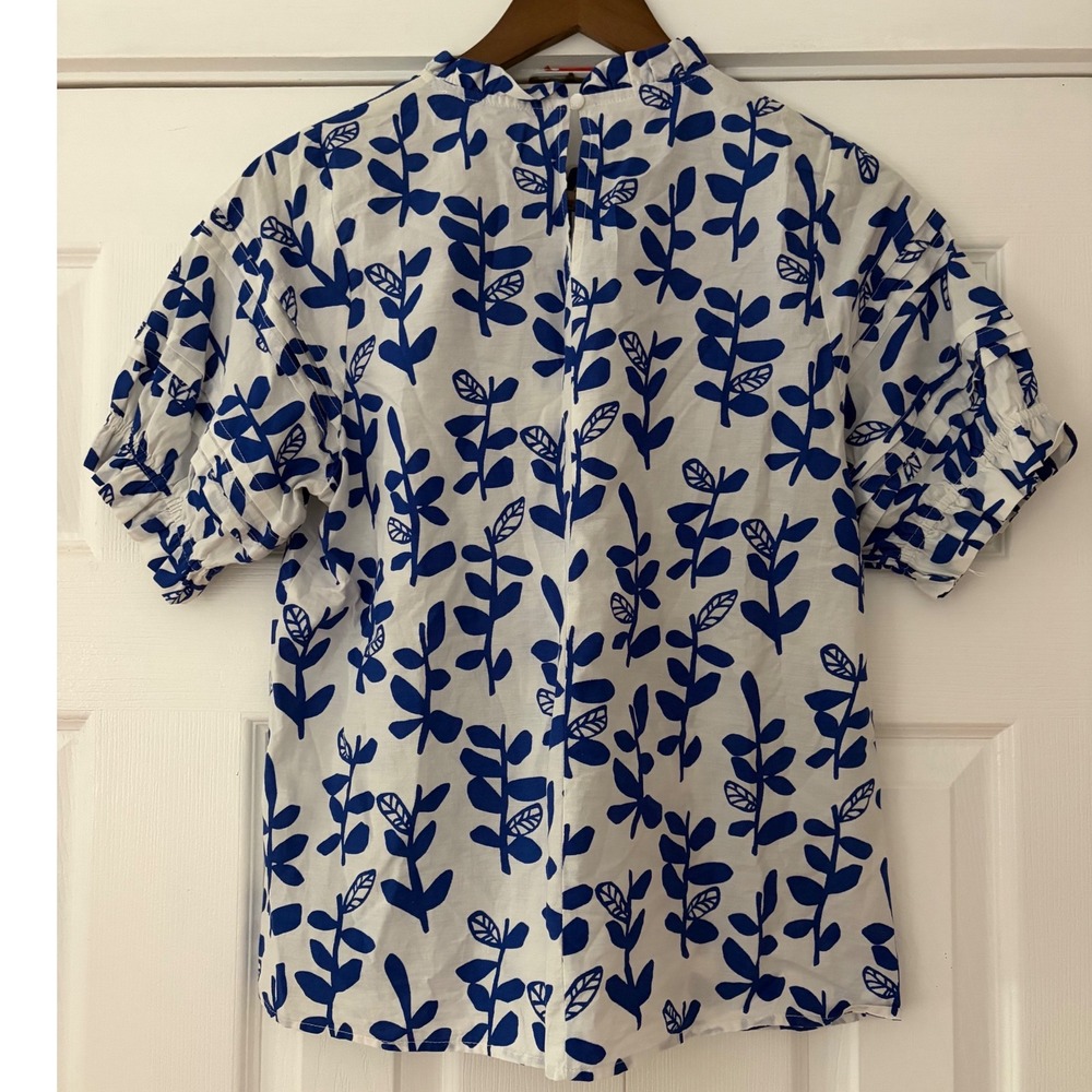 THML Blue White Leaf Print Ruffle Neck Cotton Blouse FTM2113-1-BL Medium